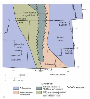 Figure 2.1: Diﬀerent crustal provinces that compose the basement of the Williston Basin (Anna et al