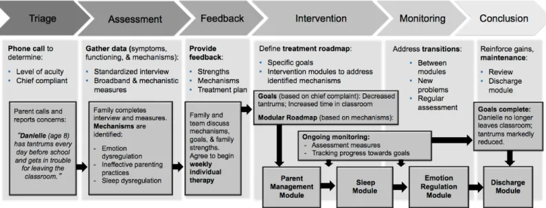 Figure 1.	Overview	of	a	proposed	transdiagnostic	assessment	and	intervention	program,	with	hypothetical	patient	experi- 1.	Overview	of	a	proposed	transdiagnostic	assessment	and	intervention	program,	with	hypothetical	patient	experi-ence