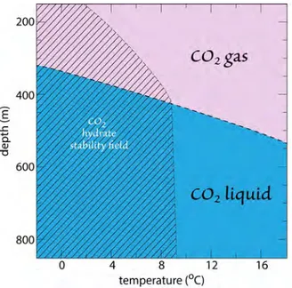 Figure 29. density curves for seawater (blue) and liquid  Co 2  (red). since these two lines cross, the behavior of  liquid Co 2  in the water column will vary as a function  of depth of injection
