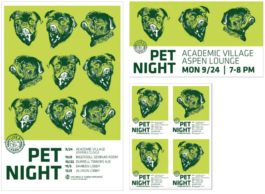 Figure 1: Pet Night (poster, digital sign, table cards) 