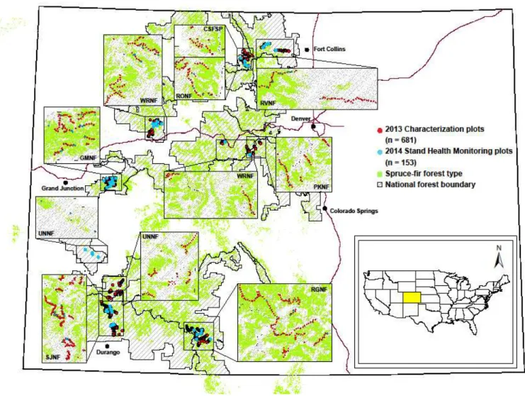 Figure 2-1: Map of all plot locations within eight national forests and state land (dashed with light grey) in Colorado (CSFSP = Colorado State Forest State Park,  GMNF = Grand Mesa, PKNF = Pike, RGNF = Rio Grande, RONF = Routt, RVNF = Roosevelt, SJNF = Sa