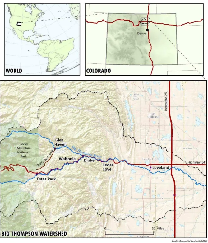 Figure 0.3. Map of Big Thompson River watershed in relation to Colorado and world. Map by 