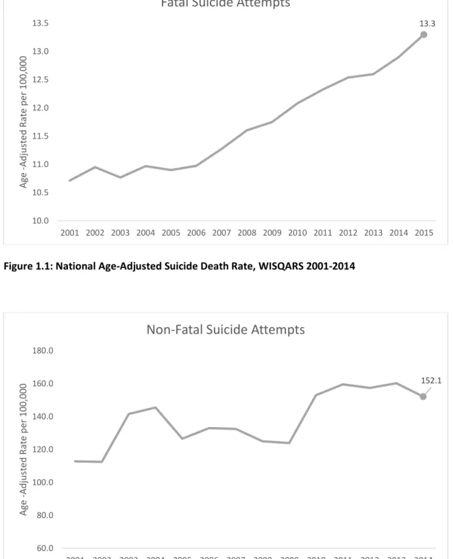 Figure 2.2: National Age Adjusted Rate of Non-Fatal Suicide Attempts from a sample of Emergency  Departments, WISQARS 2001-2014  13.310.010.511.011.512.012.513.013.52001 2002 2003 2004 2005 2006 2007 2008 2009 2010 2011 2012 2013 2014 2015