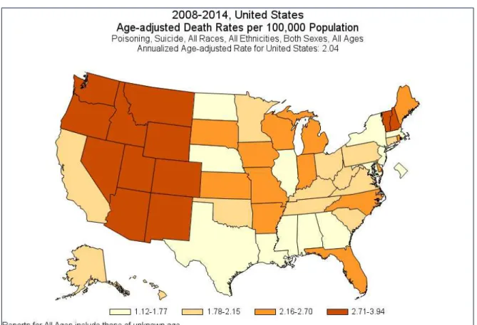 Figure 2.3: Age-adjusted distribution of poisoning suicide mortality rate in the United States,  2008-2014 