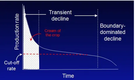 Figure 1.4 Demonstration of production decline and cut-off rate for a fractured horizontal  well in an unconventional reservoir