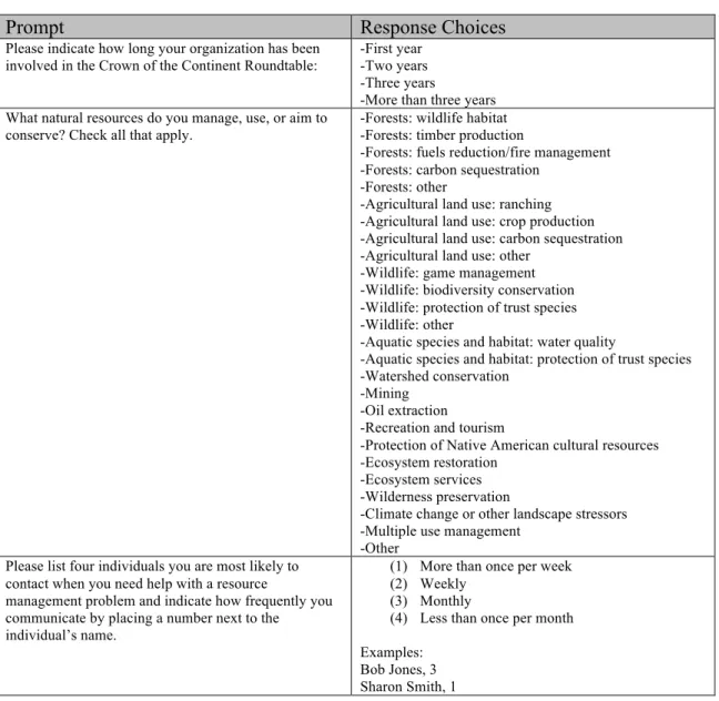 Table 3.3 A Selection of Prompts from the SNA Survey Questionnaire. 