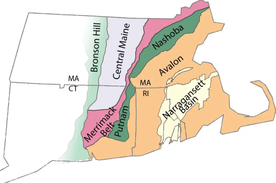 Figure 2.2. Map of tectonic terranes in southeastern New England. Modified after Hibbard et al
