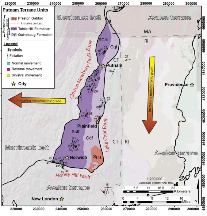 Figure 2.4. Generalized geologic and structural map of the Putnam terrane in eastern Connecticut