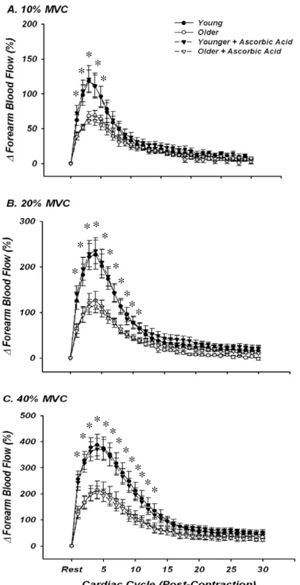 Figure 2:  Dynamic rapid hyperaemic responses to single forearm muscle contractions  at 10, 20, and 40% MVC