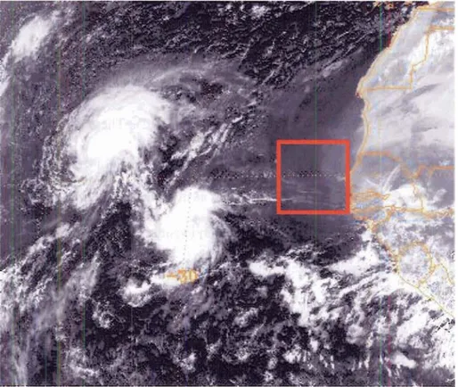 Figure 3.2: METEOSAT image off the western coast of Africa at 1130UTC, on 25 September 2000-red box is approximate location of sampling area.