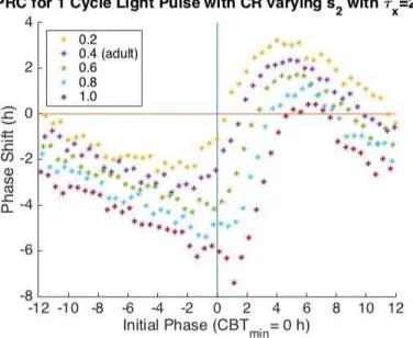 Figure 4.13 One Cycle PRC varying s 2 with τ x = 24.4. The x-axis is the Initial Phase where an Initial Phase = 0 corresponds to CBT min 