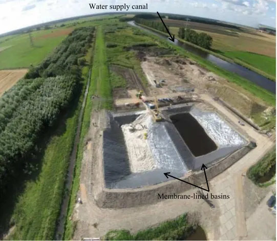 Fig. 2.2 Aerial view of IJdijk site during a typical test preparation. Two membrane-lined basins  (before embankment placement), and water supply canal are shown