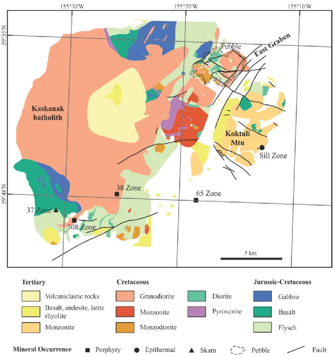 Figure 2.2 Generalized geologic map of the Pebble district.Jurassic-Cretaceous basalt and related gabbroid  intrusions and flysch deposits were intruded by Cretaceous igneous rocks