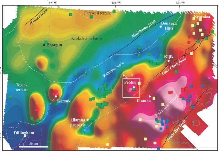 Figure 2.4 Map showing aeromagnetic data upward continued to 10 km.Also shown are radiometric age dates (U.S