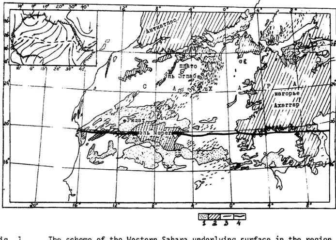 Fig.  The  scheme  of  the  Western  Sahara  underlying  surface  in  the  region  of  dust  storms  development  from  the  &#34;World  Atlas&#34;  (Moscow,  GUGK, 