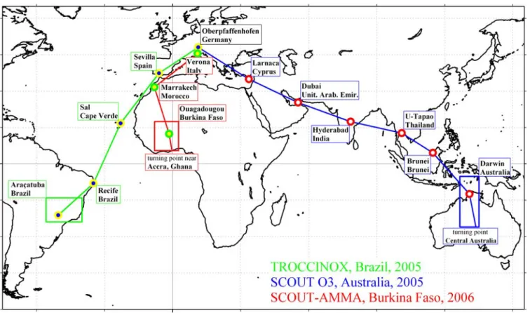 Fig. 1. Routes of the transfer flights for the M-55 “Geophysica” with intermediate landings between January 2005 and August 2006