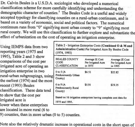 Table 2 - Irrigation Enterprise Costs (Combined 0  &amp;  M and  Administrative CosU) Per Irrigated Acre By Beales Code  (1974,1993) 