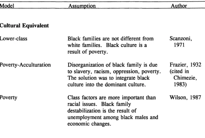 Table Cl (continued)  Model  Cultural Equivalent  Lower-class  Poverty-Acculturation  Poverty  Cultural Variant  Assumption 