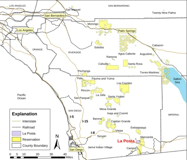 Figure 1.1: Location of the Thirty Mission Indian Reservations within five counties in  Southern California