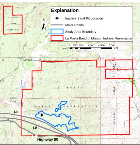 Figure 1.3: Location of study area (shown in blue) within the La Posta Band of Mission  Indians Reservation in relation to existing pit and I-8
