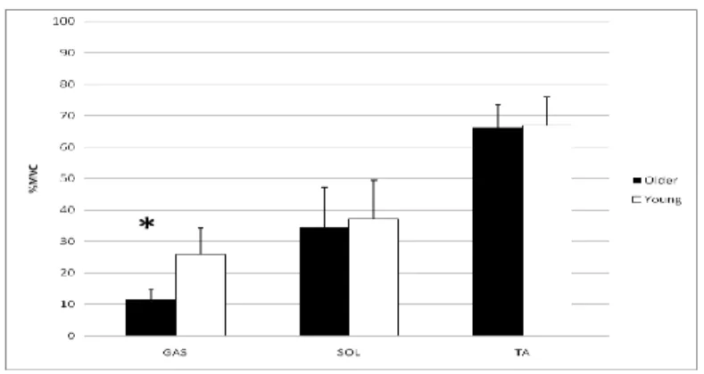 Figure 4.4: Normalized 1 second averages for GAS, SOL, TA during DFMVC trials. (*p&lt;0.05 between  young and older adults) 