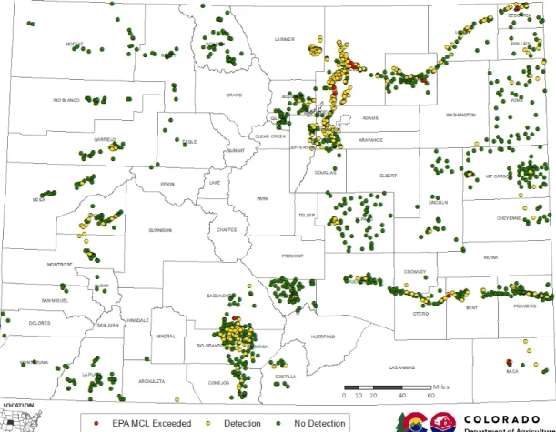 Figure 1. Distribution of locations sampled for groundwater quality by the Colorado Department of Agriculture's AWQP from 1995 - 2018  where no pesticides have ever been detected (green symbol), at least one pesticide compound has been detected in one or m