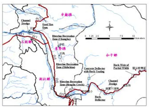 Figure 2. Locations and techniques of habitat improvement applied at downstream  area of Ta-Chia River 