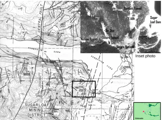 Figure 1:  Map of Turquoise Lake and mining districts selected faults.  Inset photo showing  sample locations relative to Sugar Loaf Dam