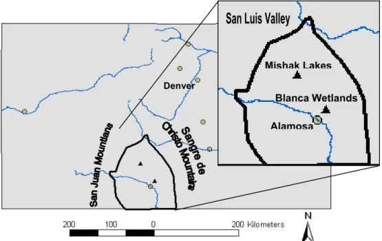 Figure 1. Approximate boundaries of the San Luis Valley in Colorado with wetland  locations indicated by the triangles