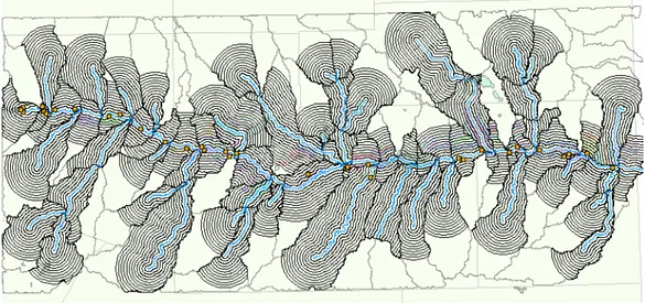 Figure 4 shows the distribution of the segments and their area-buffers across  the Lower Arkansas River basin