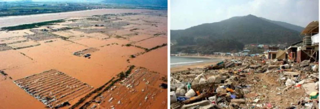 Figure 7. Flood damages of Pusan of left, [AP] and Wah Yeon Beach on Geoje Island of  right, [photo by Paul J