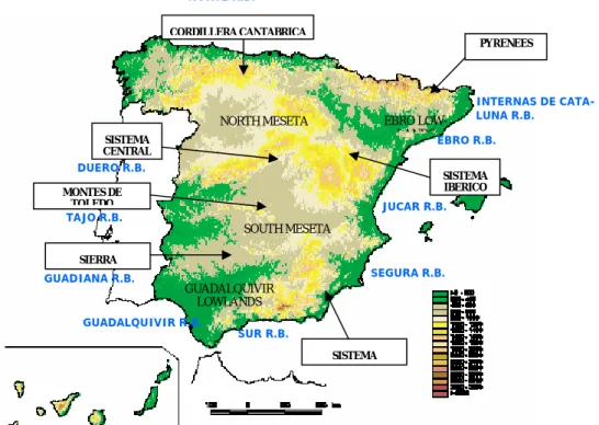 Figure 1.  General orography and hydrology of Spain 