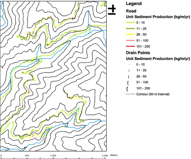 Figure 7: Road segment unit sediment production (kg/m/yr) and drain point sediment load  over the Upper Deadwood area