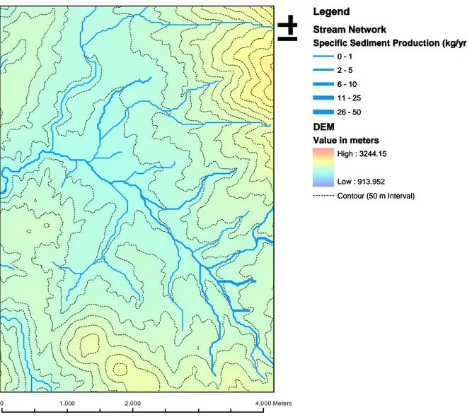 Figure 8:  Total accumulated sediment load in kg/year to each stream segment. 