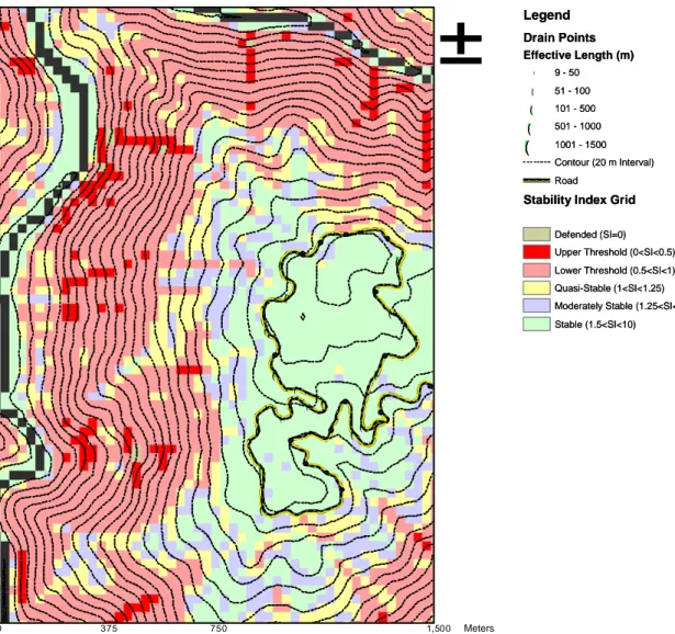 Figure 9 illustrates the Road Lines and Drain points overlaid on Stability Index  (SI) grid created from SINMAP model