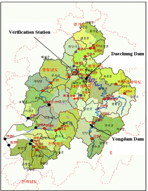 Figure 10. Locations of 36 monitoring stations within the Geum River basin. 