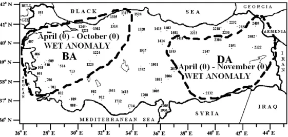Figure 1. The regions and seasons affected from ENSO in Turkey (adapted from Karabörk  and Kahya, 2001)