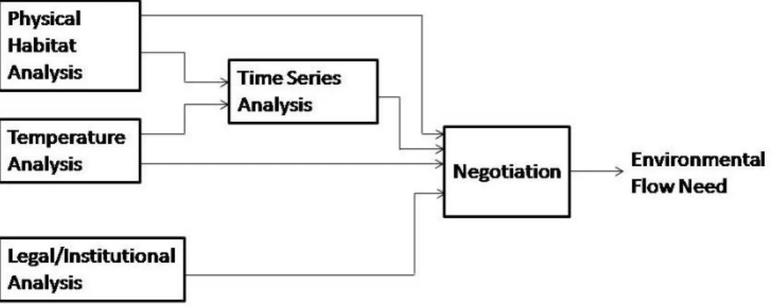 Figure 1.  The major components of a typical analysis supporting the application of the  Instream Flow Incremental Method (IFIM) to the selection of an environmental flow  requirement for management of a water resources system