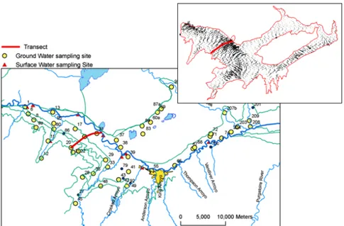 Figure 5. Preliminary proposed transect for vertical and transverse sampling of Se and related  properties, with map at upper right showing average ground water flow vectors obtained from a calibrated 