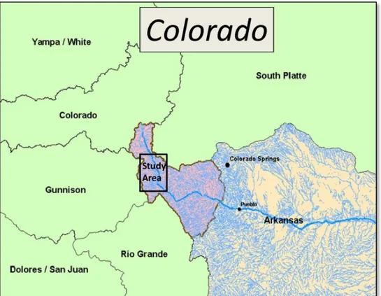 Figure 1. River Basins of Colorado showing the study area in central Colorado in the upper  headwaters of the Arkansas River Basin