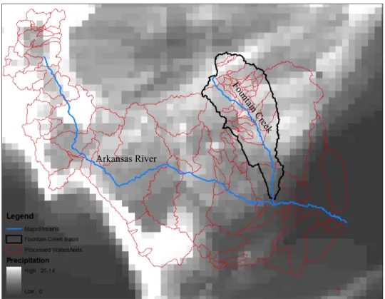 Figure 5.  Selection of a watershed based on spatial variability of precipitation (units are in  hundredths of millimeters)
