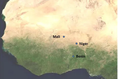 Figure 1.  Location of the three meso-scale sites of the AMMA programme. 