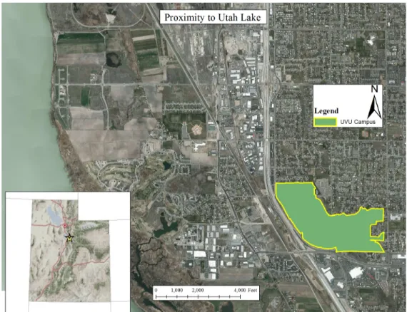 Figure 1. The vast majority of the stormwater generated on the Utah Valley University Main Campus is  exported to Utah Lake, which is only 1.4 miles from campus