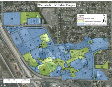 Figure 3. The UVU Main Campus was divided into 33 watersheds that export stormwater and  28 self-contained watersheds