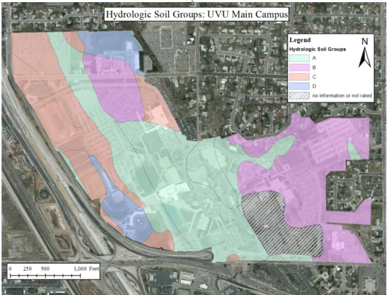 Figure 4. The UVU Main Campus lawns are divided among Hydrologic Soil Groups A (38.3%), B  (34.7%), C (6.6%) and D (20.4%)