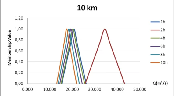 Figure 1 – Membership function of the flow 10 km of the origin, for different times .     