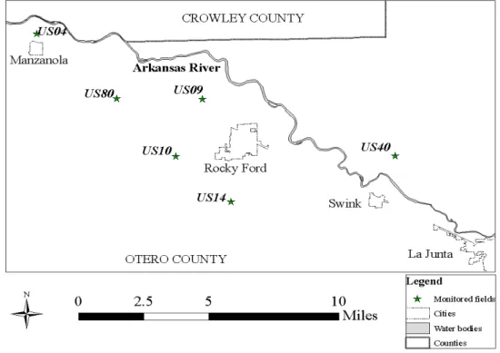 Figure 1.  The study area with the location of corn and alfalfa fields. 