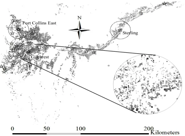 Figure 4. The circles around the Sterling, Fort Collins East, and Gilcrest metrological stations that en- en-compasses only alfalfa fields
