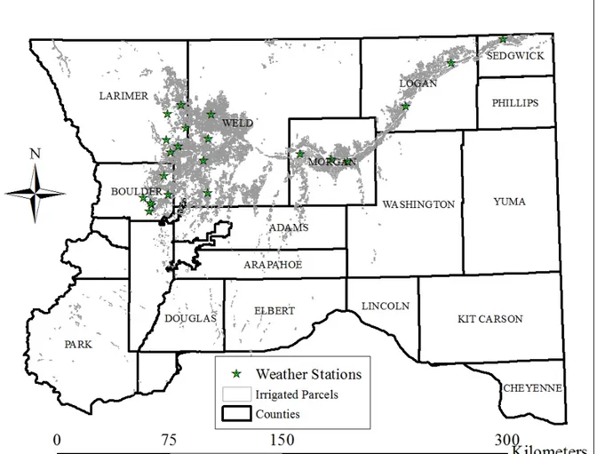 Figure 1. The South Platte River Basin, the irrigated parcels, and the metrological stations around the  South Platte River around the river