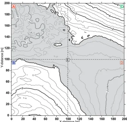 Figure 1.  Contour map of the 200 by 200-m (block E) LIDAR-derived snow surface, illustrating the  four sub-blocks (A, B, C, D)